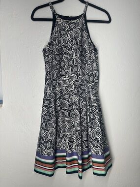 Vince  camuto Black & White Patterned Halter Dress with Color-Block Hem